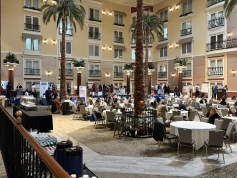 Conference attendees sit at covered, round tables in a large room with life-sized palm trees.