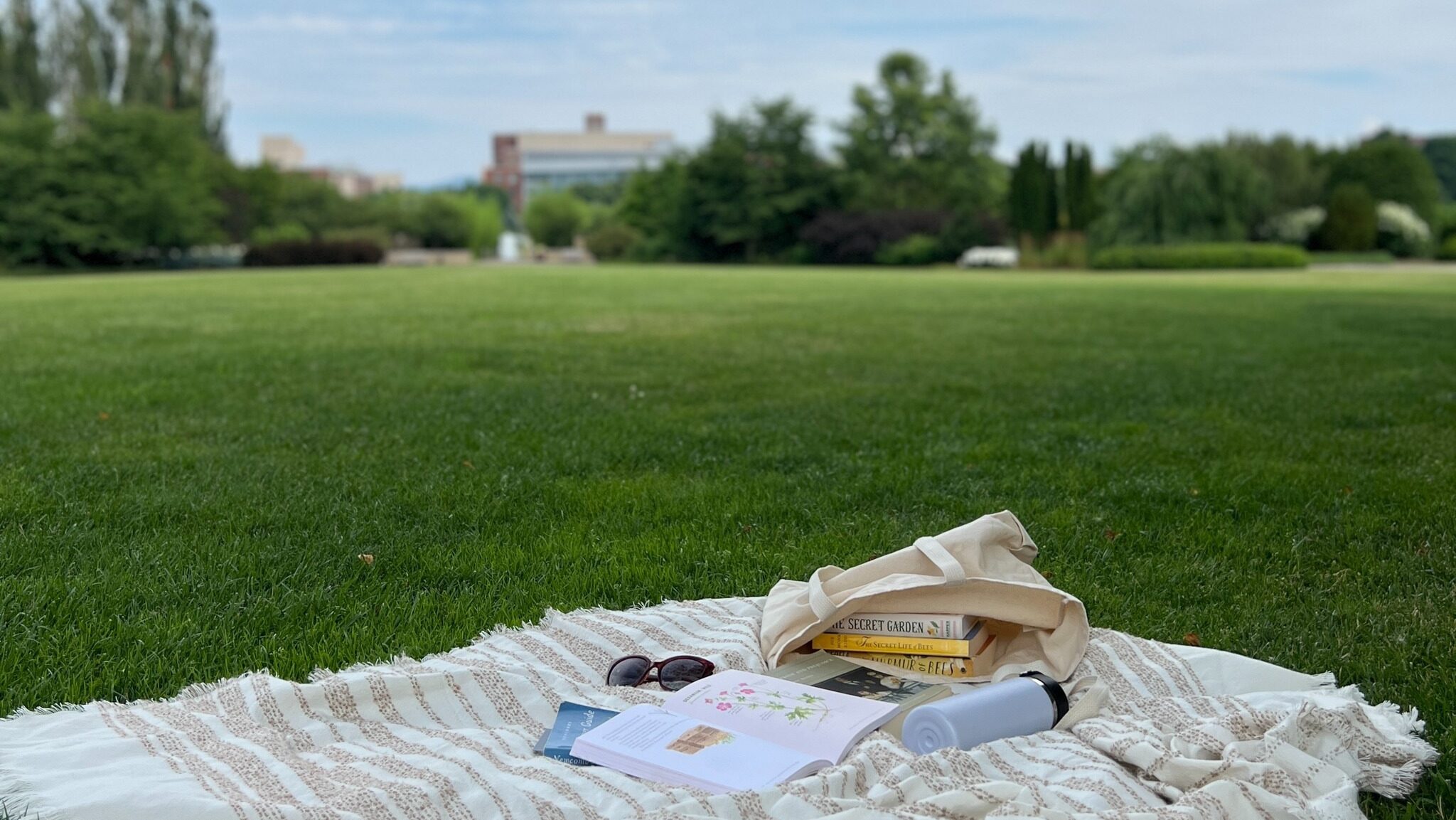 A blanket topped with books and a water bottle spread on a green grassy lawn