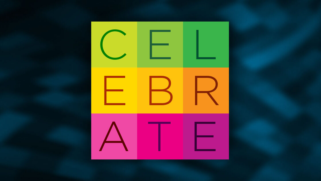 Celebrate written in colorful block letters