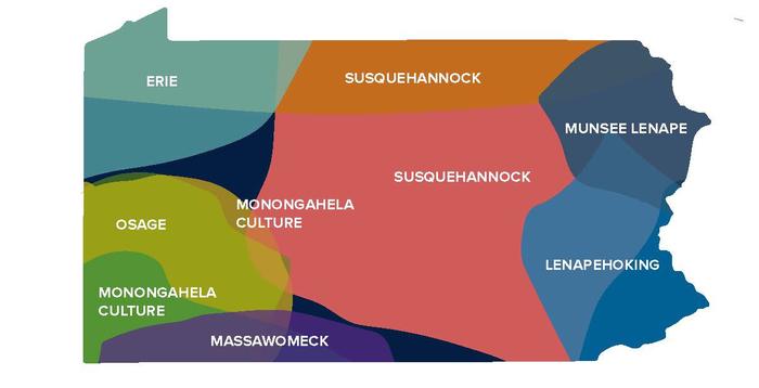 Map of Pennsylvania: The Pennsylvania State University campuses are located on the original homelands of the Erie, Haudenosaunee (Seneca, Cayuga, Onondaga, Oneida, Mohawk, and Tuscarora), Lenape (Delaware Nation, Delaware Tribe, Stockbridge-Munsee), Shawnee (Absentee, Eastern, Oklahoma), Susquehannock, and Wahzhazhe (Osage) Nations.