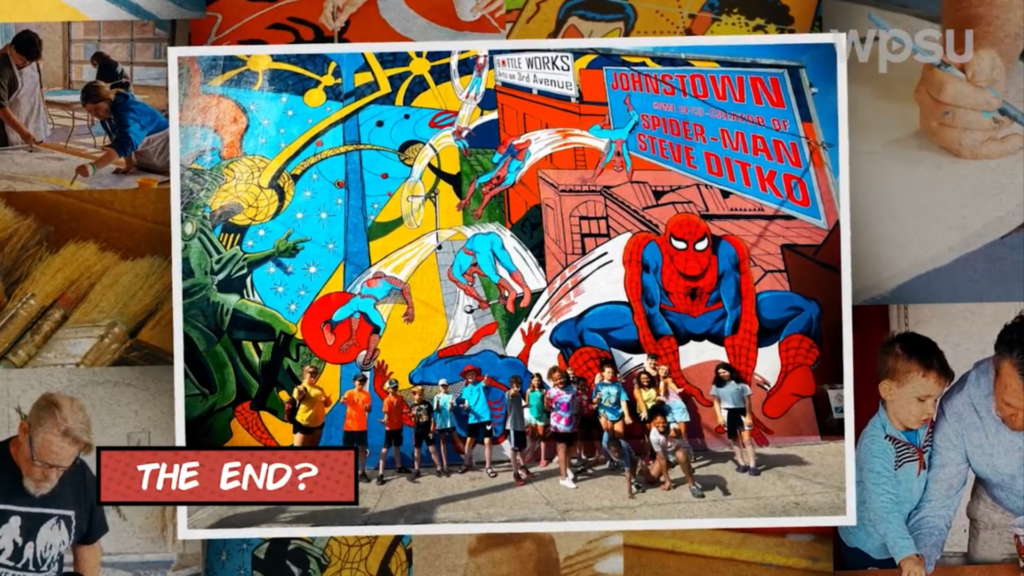 Spider-Man mural with "The End" captioned at bottom