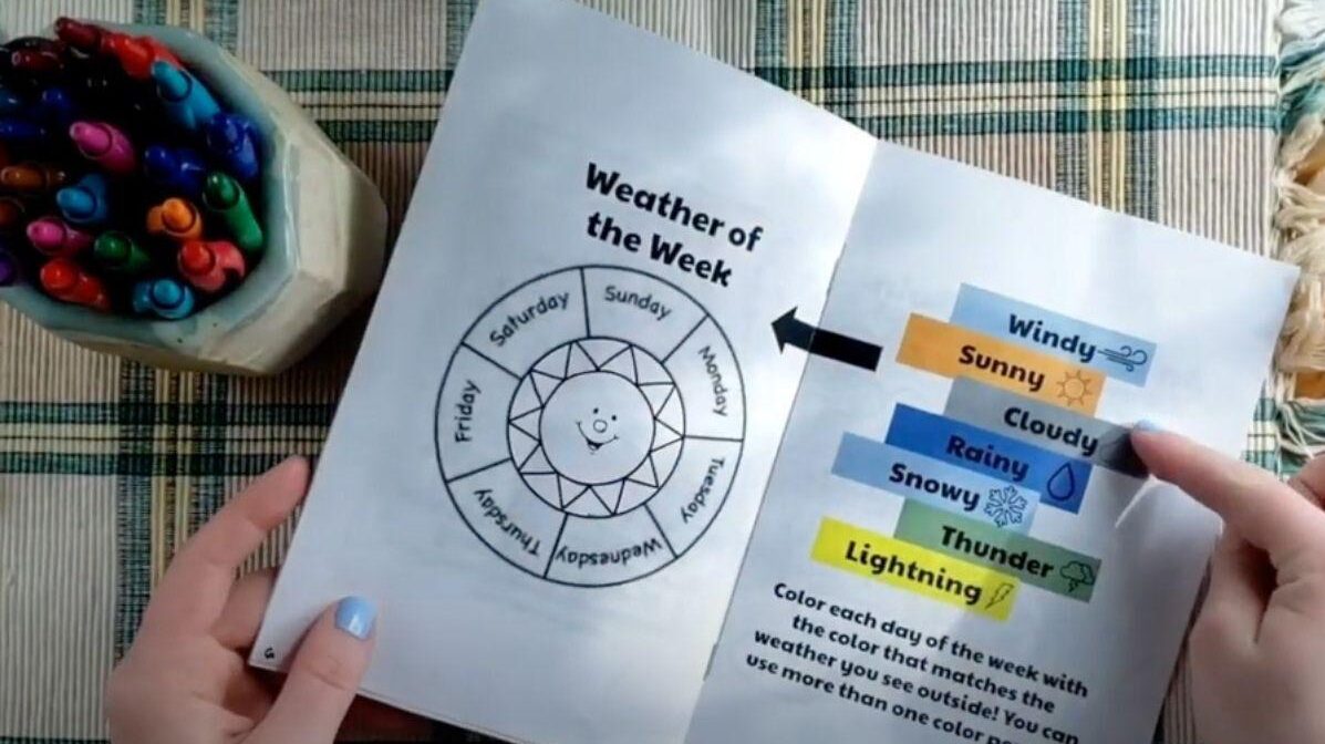 A printed "Weather of the Week" workbook